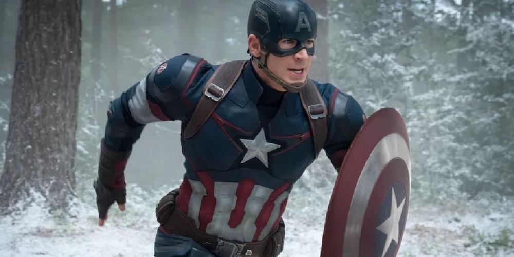 Chris Evans as Captain America, running.