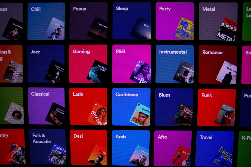 A photo of Spotify's genre playlist interface.