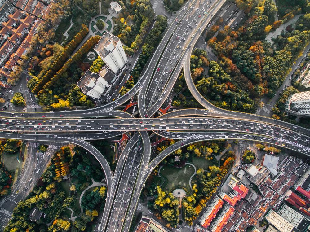An overhead image of a highway.