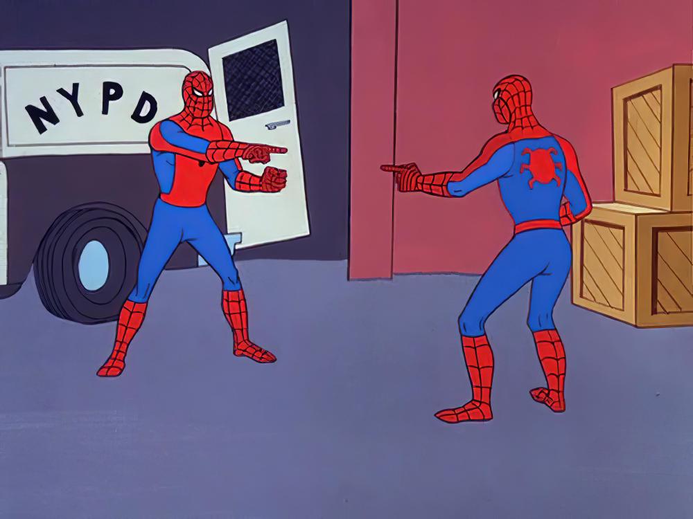 Two spidermen pointing at each other.