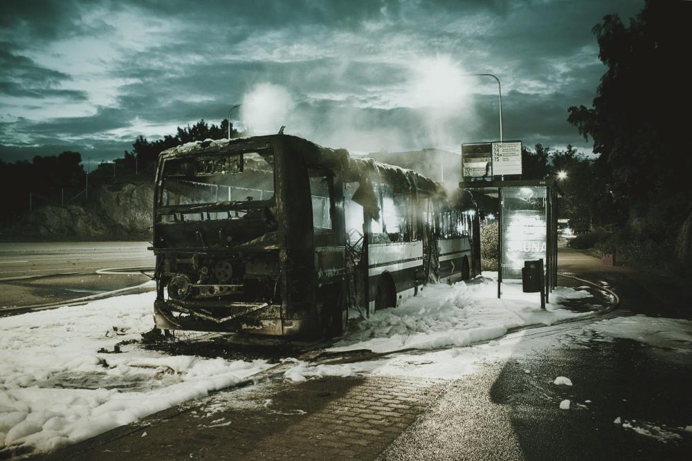 An image of a burned out bus.